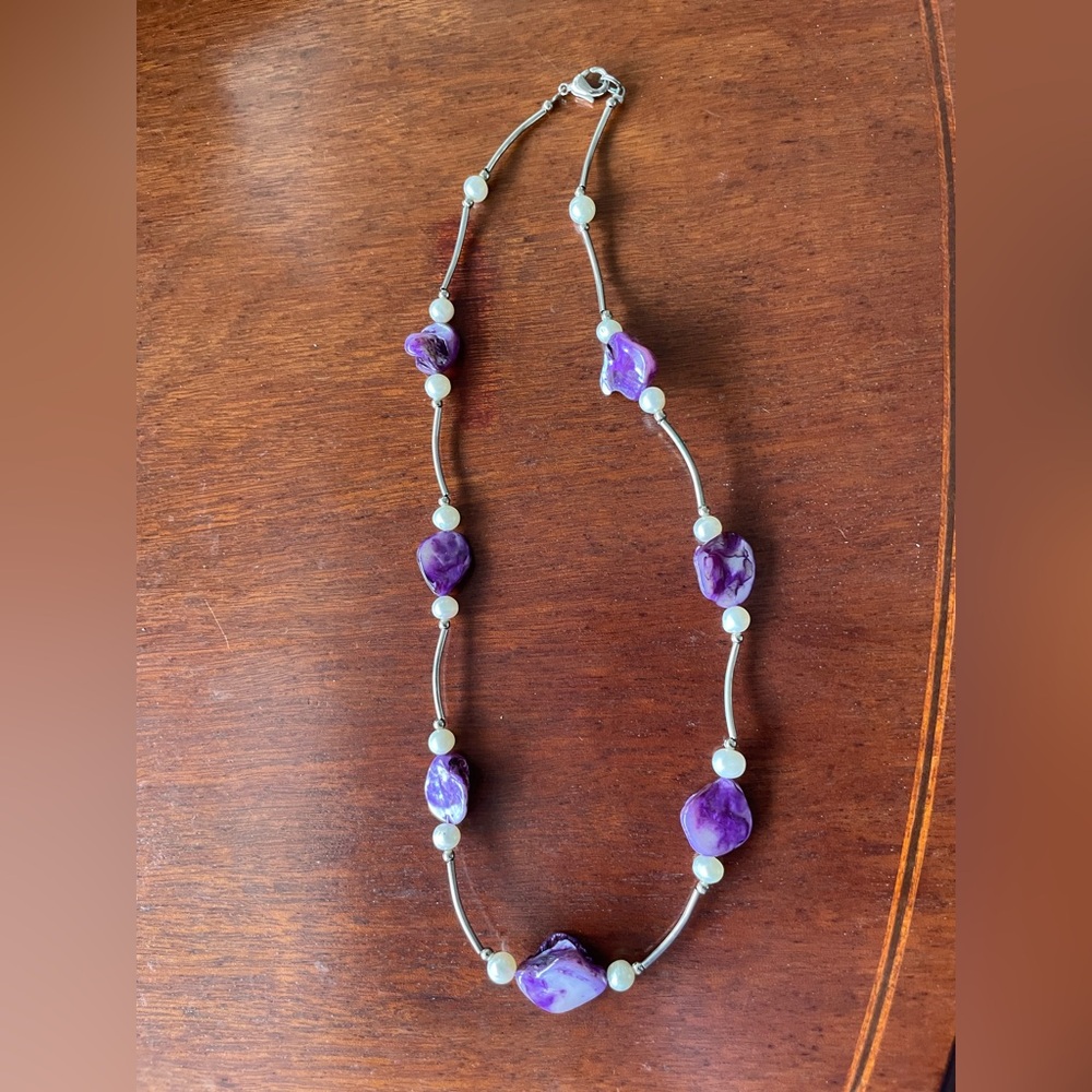 Artisan Freshwater Pearls Dyed Purple Mother of Pearl Silver tube Necklace